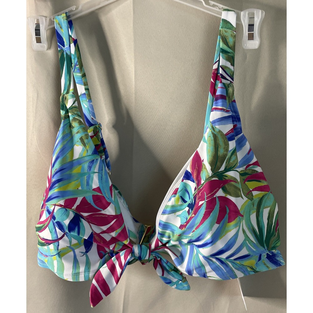 Time Tru Womens‎ 3X Bikini Top Colorful Tropical Palm Tie Front Swimwear NEW